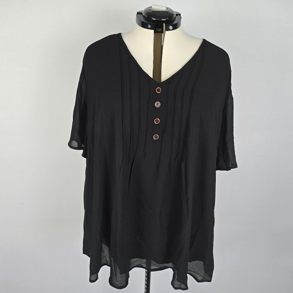 Bloomchic Blouse Women's 3X Short Sleeve Button Detail Mesh Overlay Black NWT